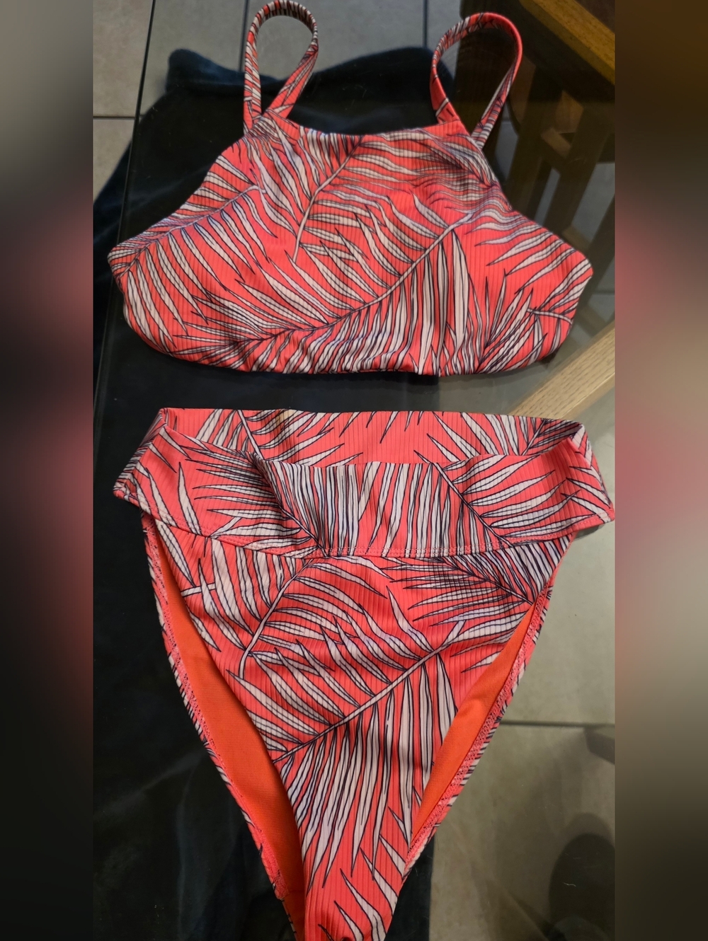 Hurley Coral, White and Black Palm-Print Bikini